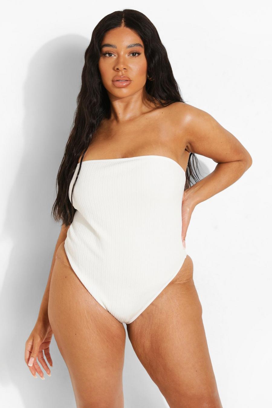 White Plus Ribbed Bandeau Swimsuit image number 1