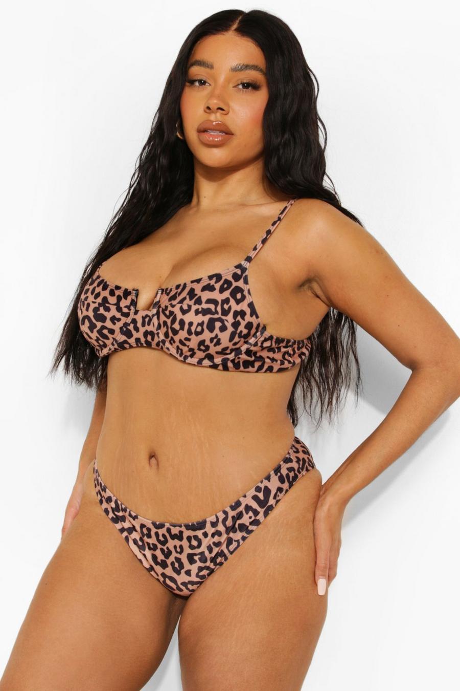 Plus Leopardenprint Balconette Bikinioberteil mit Bügeln, Brown image number 1