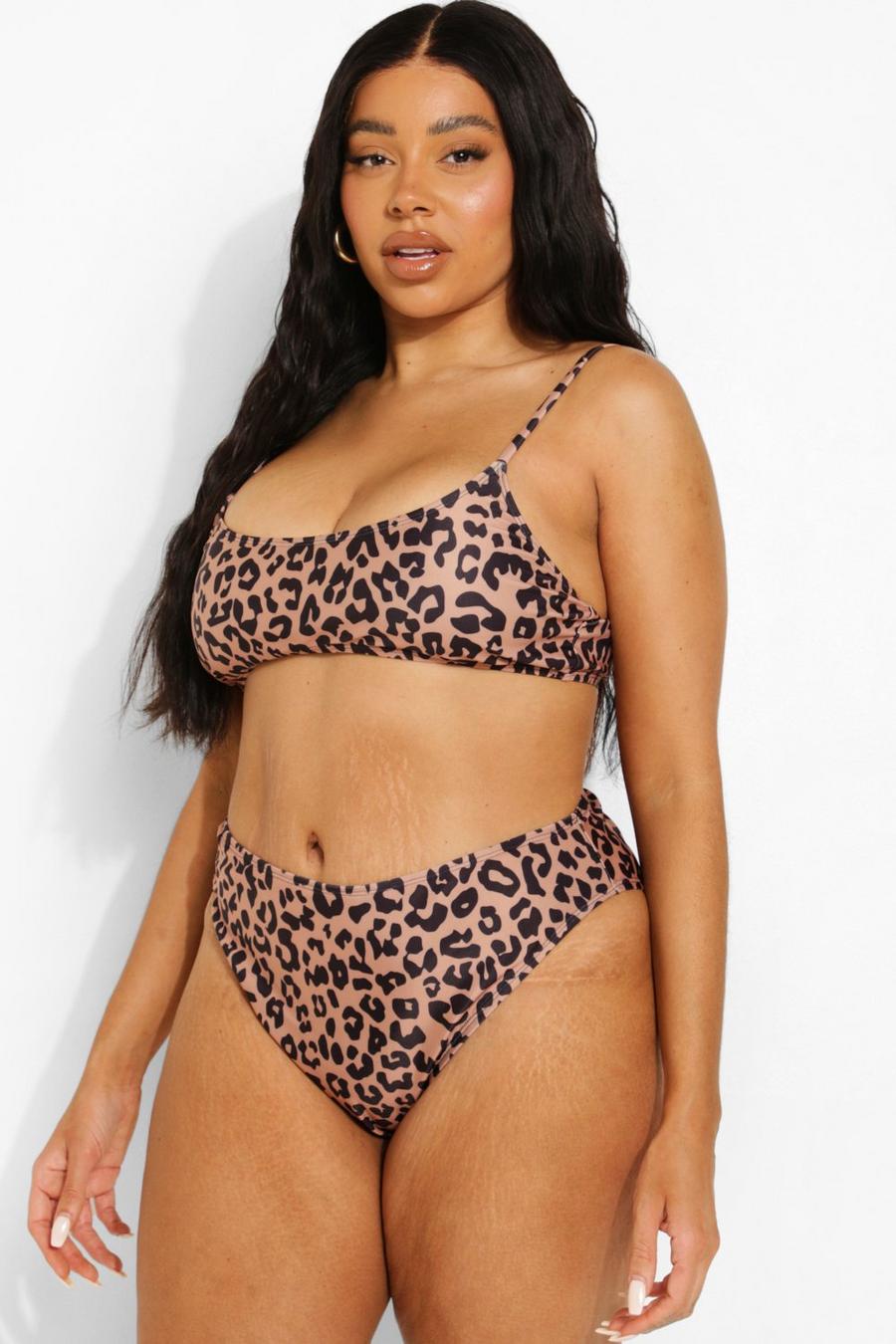 Brown Plus - Leopardmönstrad bikinitrosa med hög midja image number 1