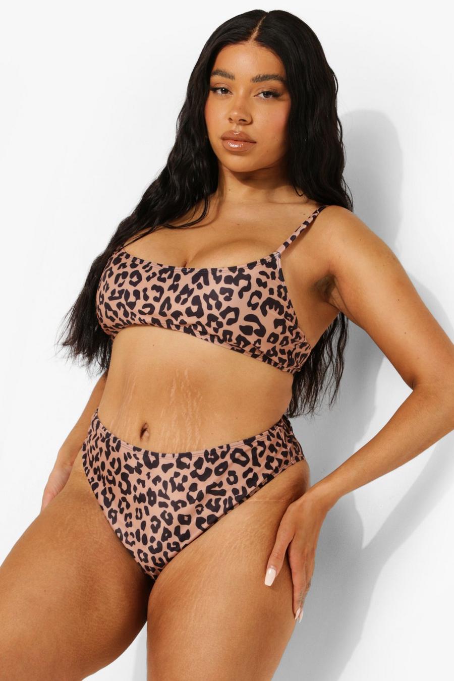Top de bikini con cuello redondo y estampado de leopardo Plus, Marrón image number 1