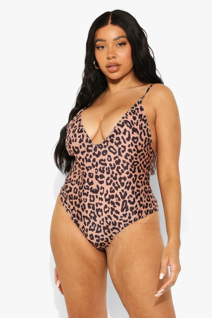 Brown Plus Leopard Plunge Swimsuit image number 1