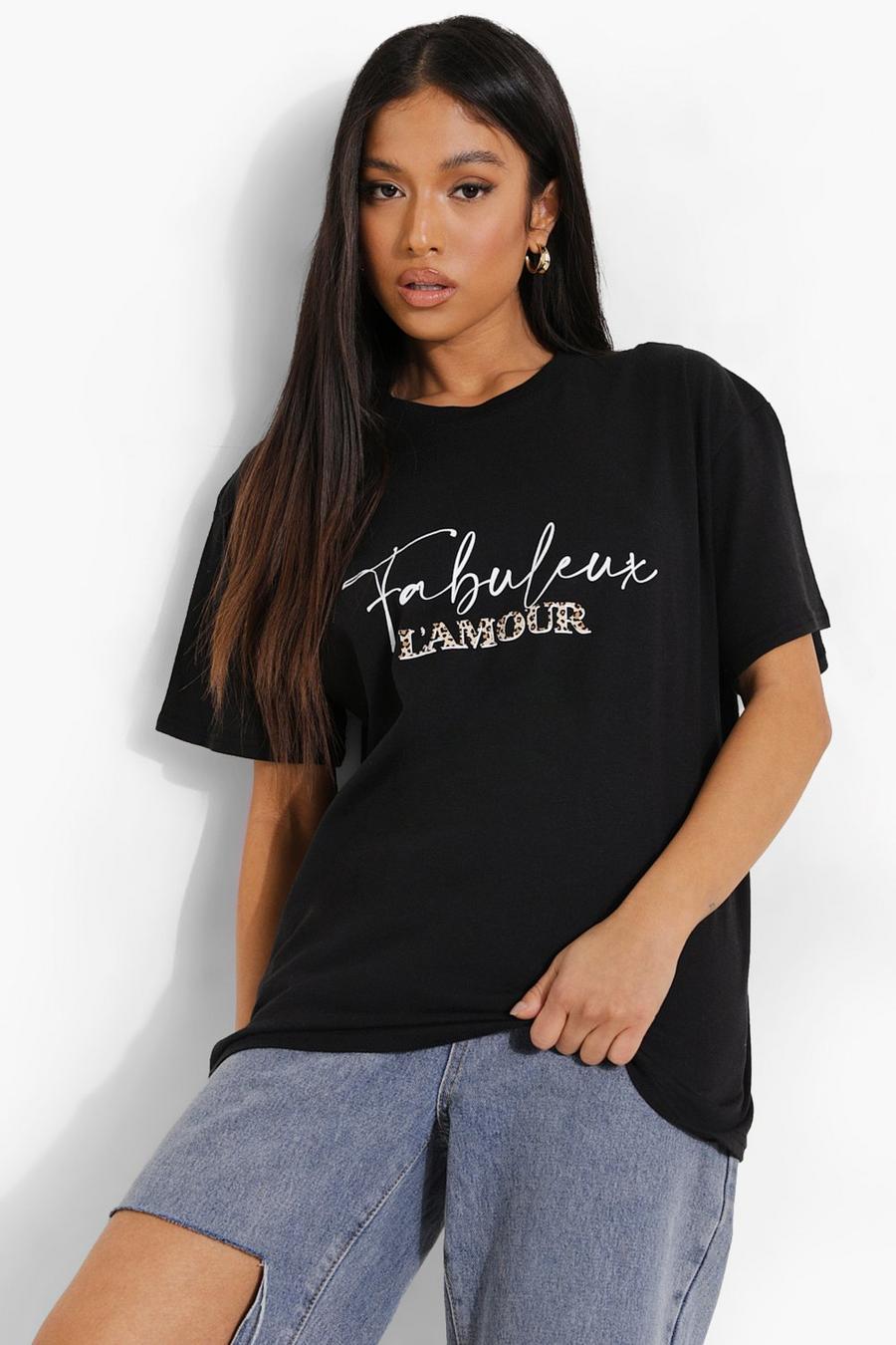 Black Petite Luipaardprint T-Shirt Met Franse Tekst image number 1