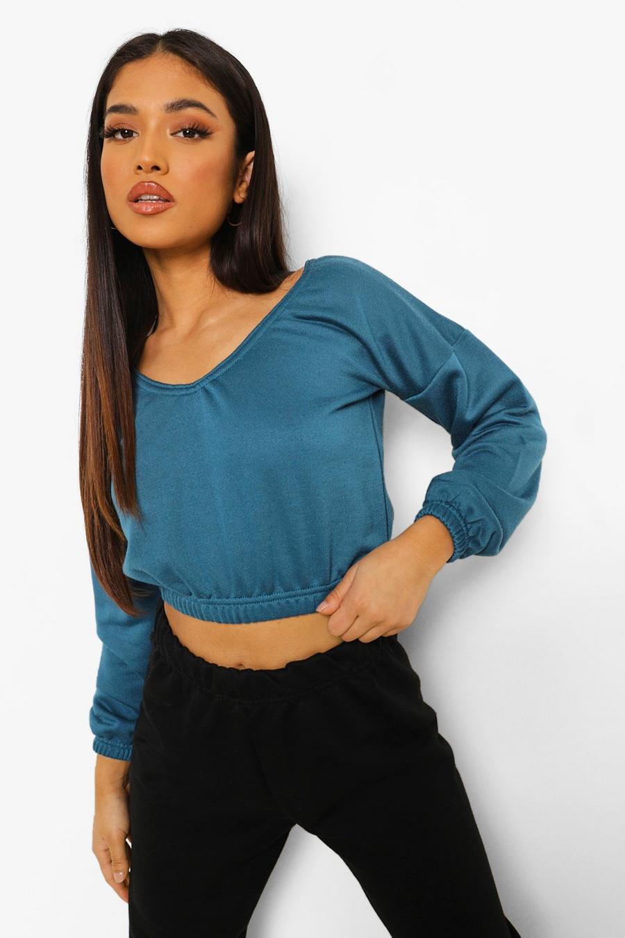 Teal Petite V Neck Oversized Sweatshirt image number 1