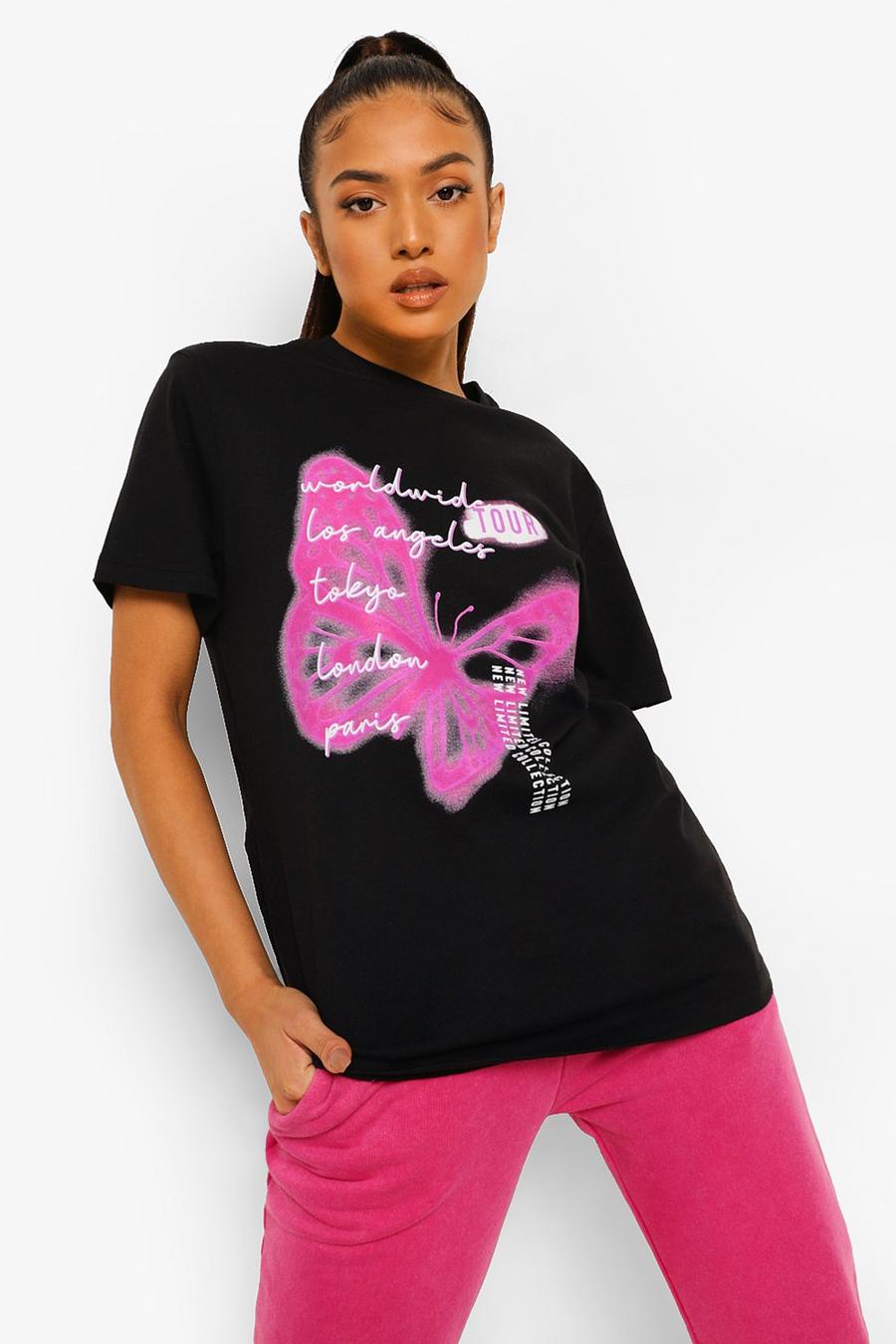 Black Petite Neon Butterfly Oversized T-shirt image number 1