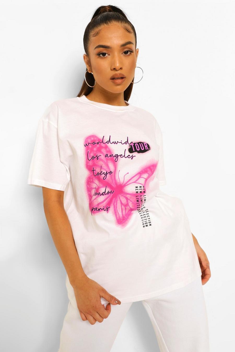 Petite Übergroßes T-Shirt mit neonfarbenem Schmetterlingsmotiv , Weiß image number 1