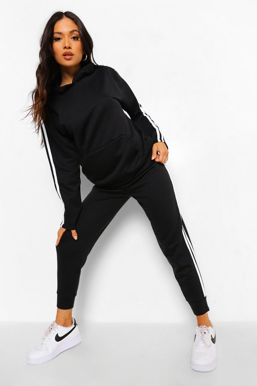 Black Petite Side Stripe Hoody And Jogger Tracksuit image number 1