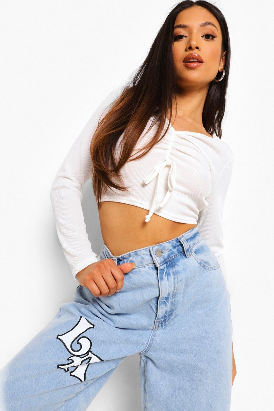 White Petite Ruched Front Lettuce Hem Rib Crop Top image number 1