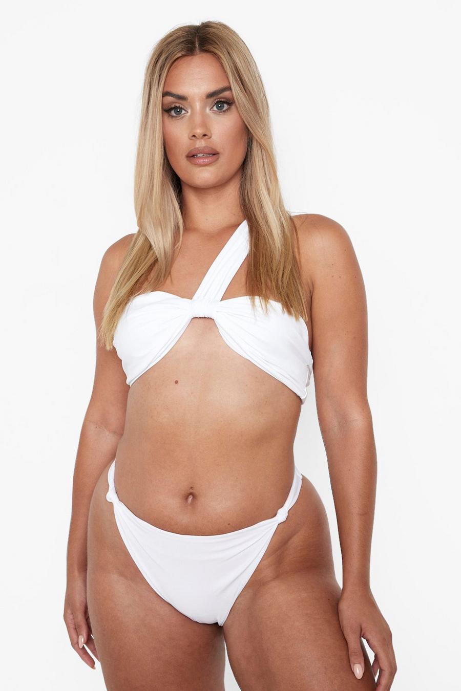 White Plus - One shoulder-bikini i bandeaustil med knut image number 1