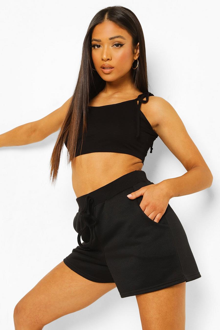 Black Petite Tie Strap Crop Top And Short Set image number 1