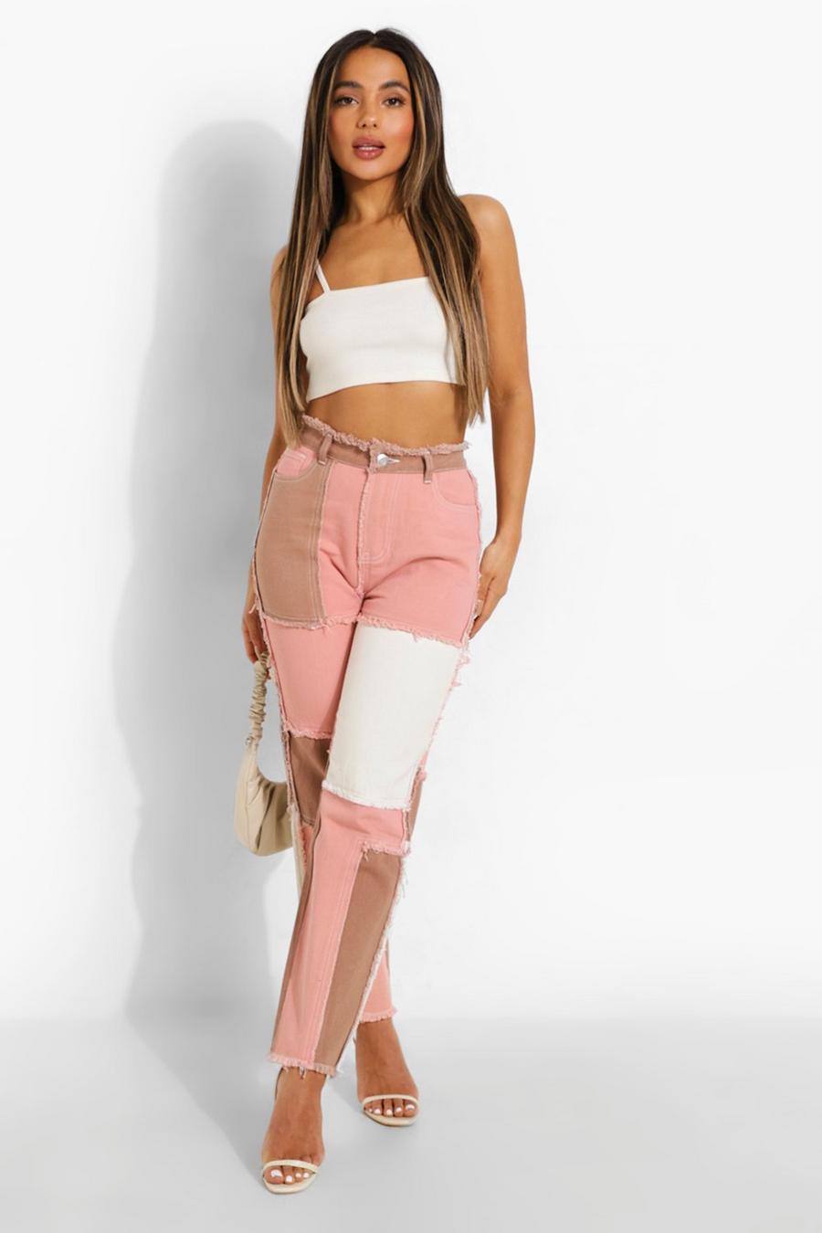 Pink Petite Patchwork Straight Leg Jeans image number 1