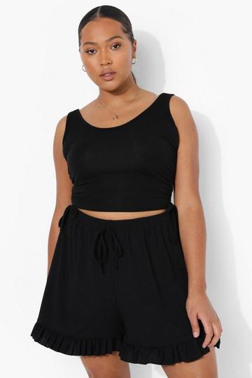 Plus Geribbelde Losse Shorts Met Geplooide Zoom black