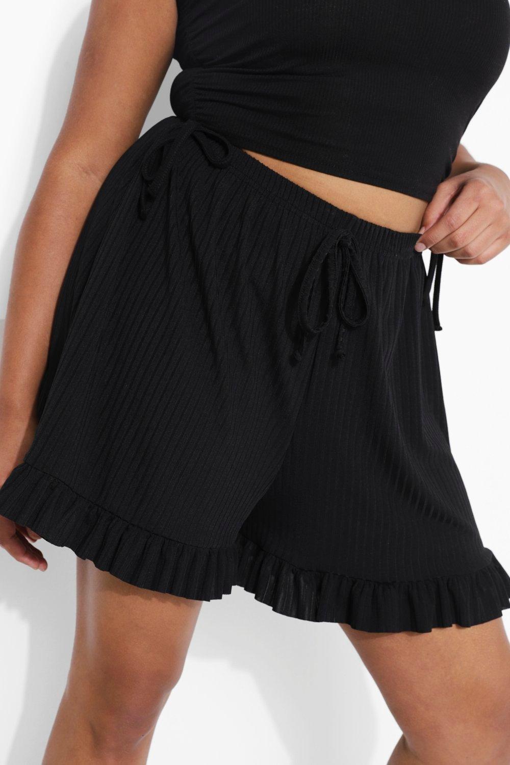 Plus Rib Ruffle Hem Flowy Shorts