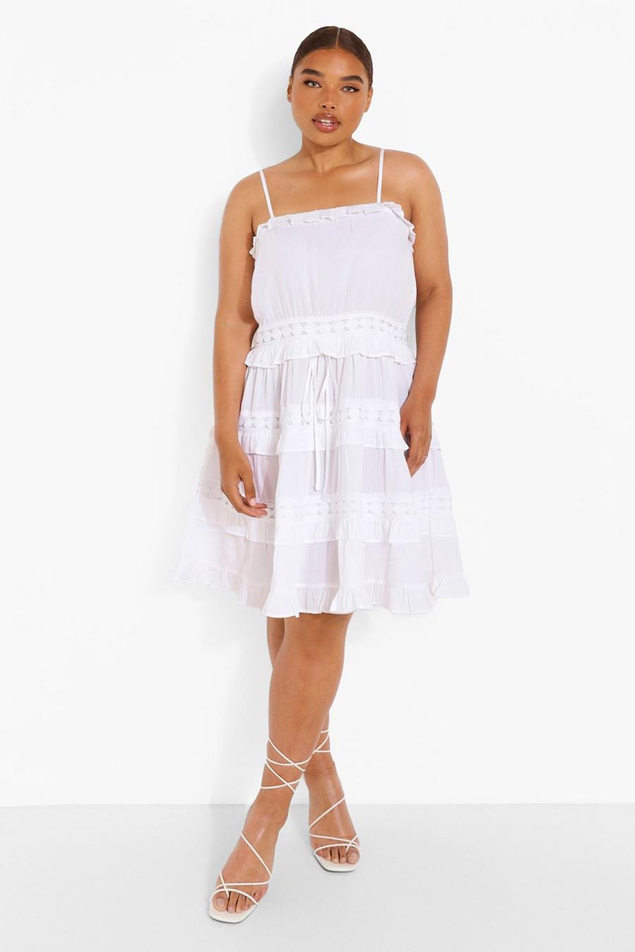 לבן שמלת סקייטר קרושה עם כתפיות דקות, מידות גדולות image number 1