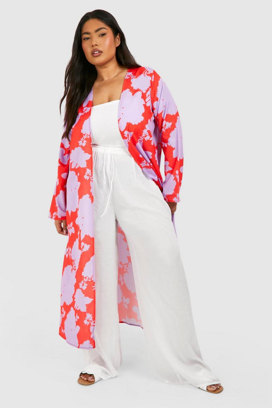 Kimono Plus Size a fiori in colori accesi, Arancio image number 1