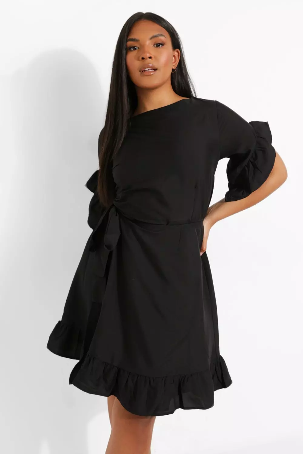 Black frill shift dress sale