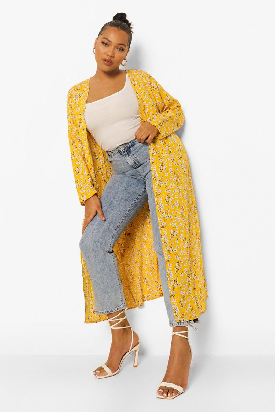 Kimono Plus Size a fiori piccoli, Yellow giallo image number 1