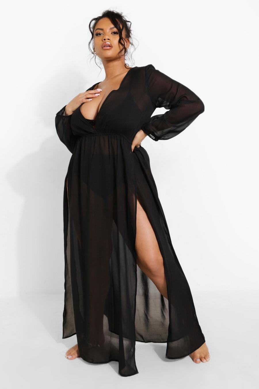 Grande taille - Kaftan de plage en mousseline de soie à fente, Black