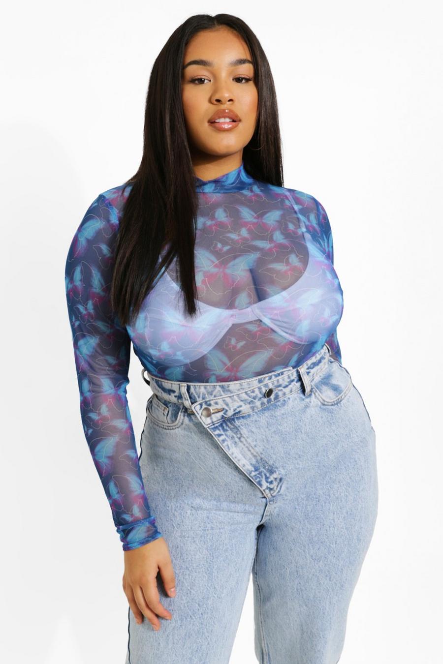 Blue Plus Butterfly Mesh High Neck Bodysuit image number 1