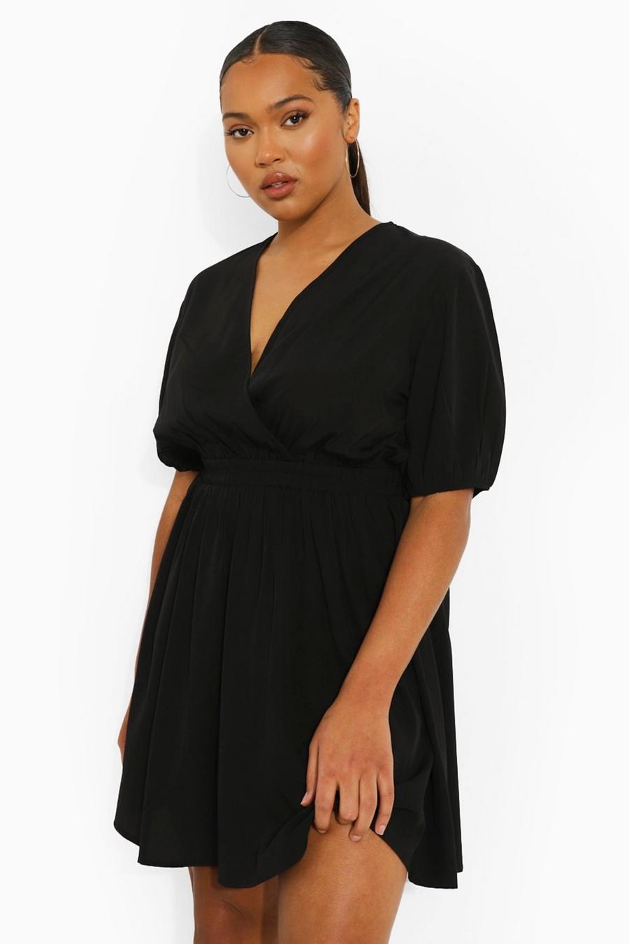 Black Plus Woven Wrap Puff Sleeve Smock Dress image number 1