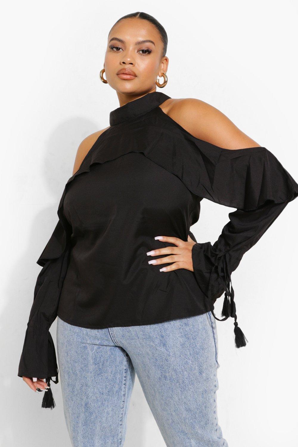 Black ruffle cold shoulder sales top