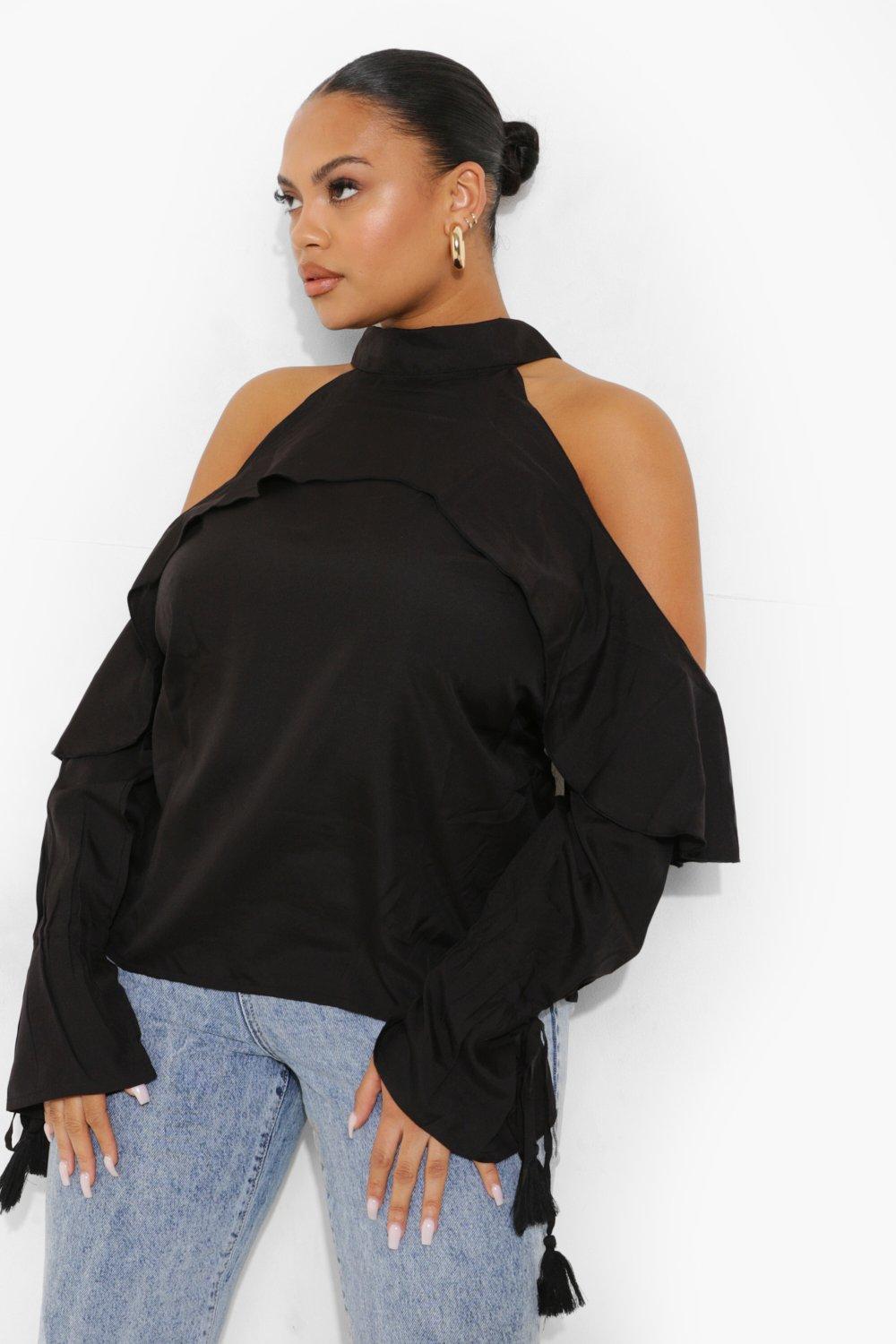 Ruffle cold shop shoulder sweater