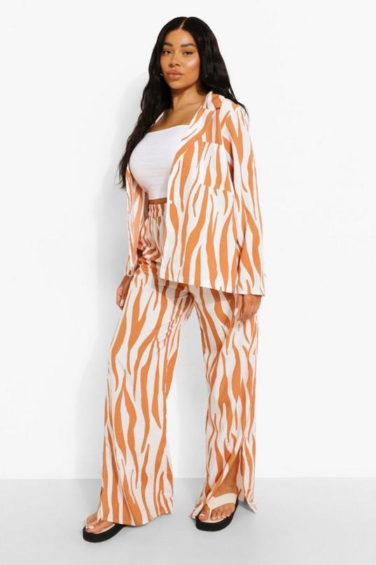 Plus Palm Print Tie Waist Pants And Top Two-Piece
