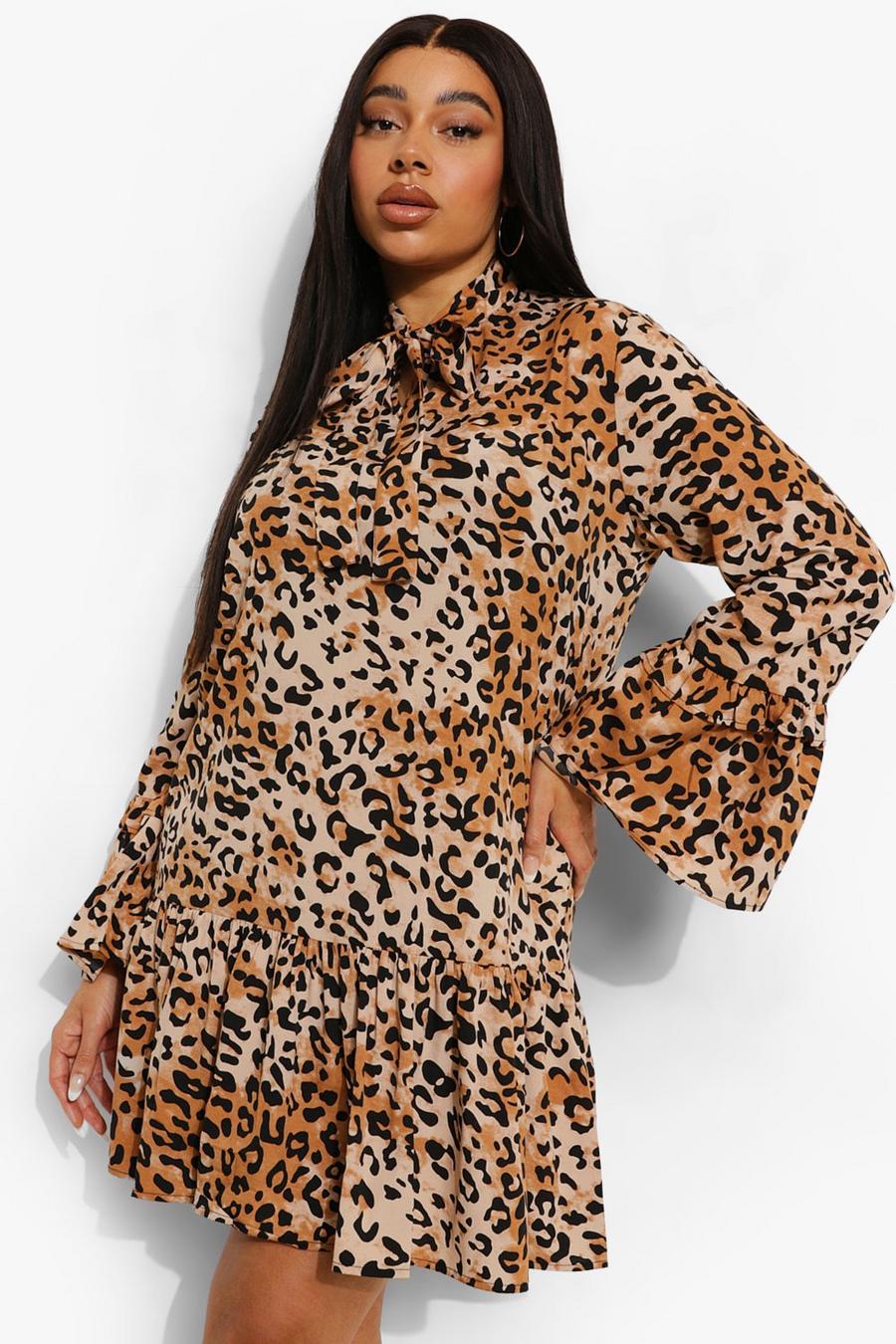 Plus Woven Leopard Pussybow Smock Dress image number 1