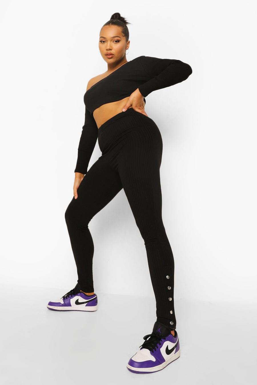 Black Plus - Ribbade leggings med tryckknappar image number 1