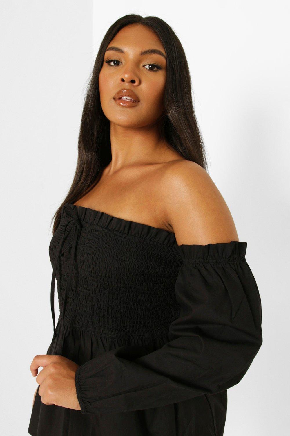 Plus Shirred Bardot Puff Sleeve Top