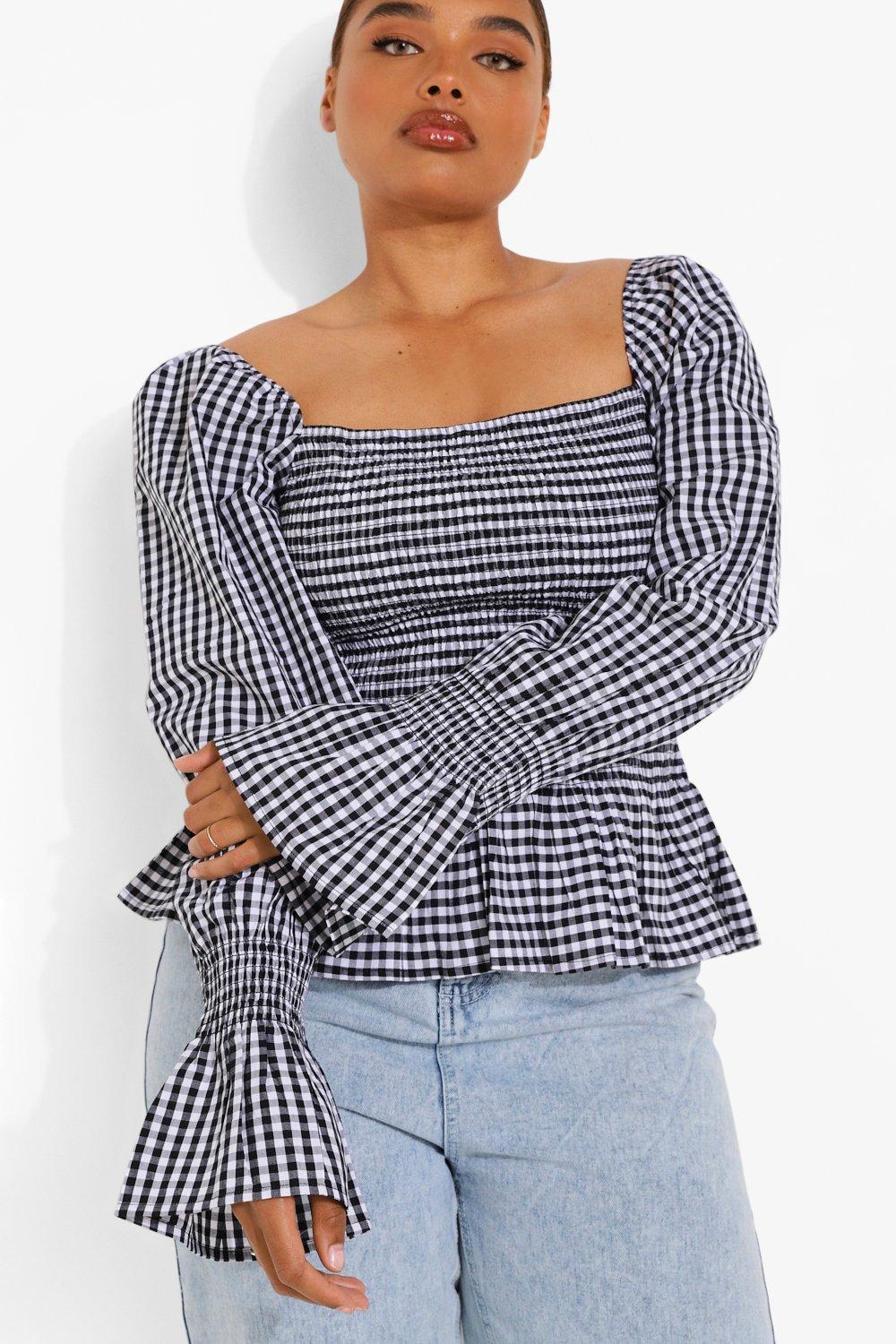 Black Plus Gingham Shirred Peplum Top boohoo UK