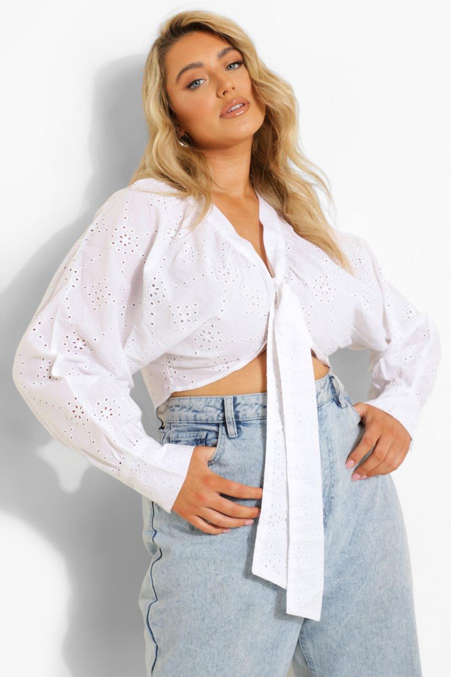White Plus Broderie Puff Sleeve Top image number 1