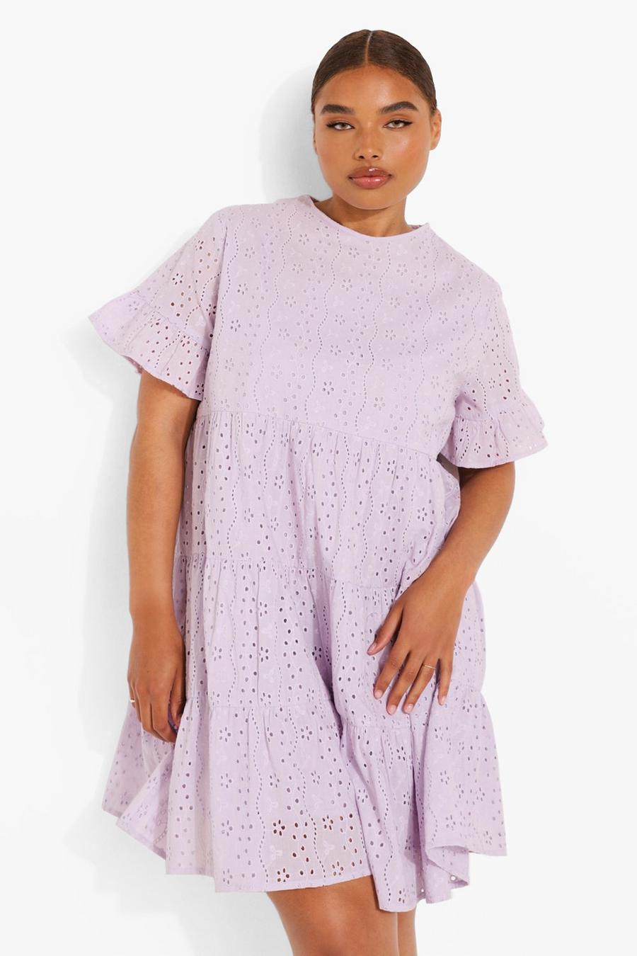 Vestido Plus holgado escalonado de bordado inglés, Lilac image number 1