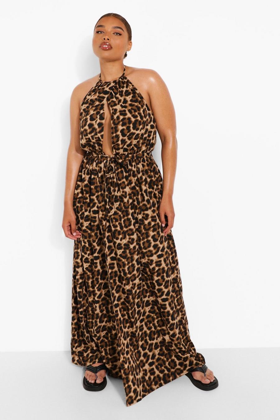 Vestito Plus Size Maxi leopardato con allacciatura al collo, Leopard image number 1