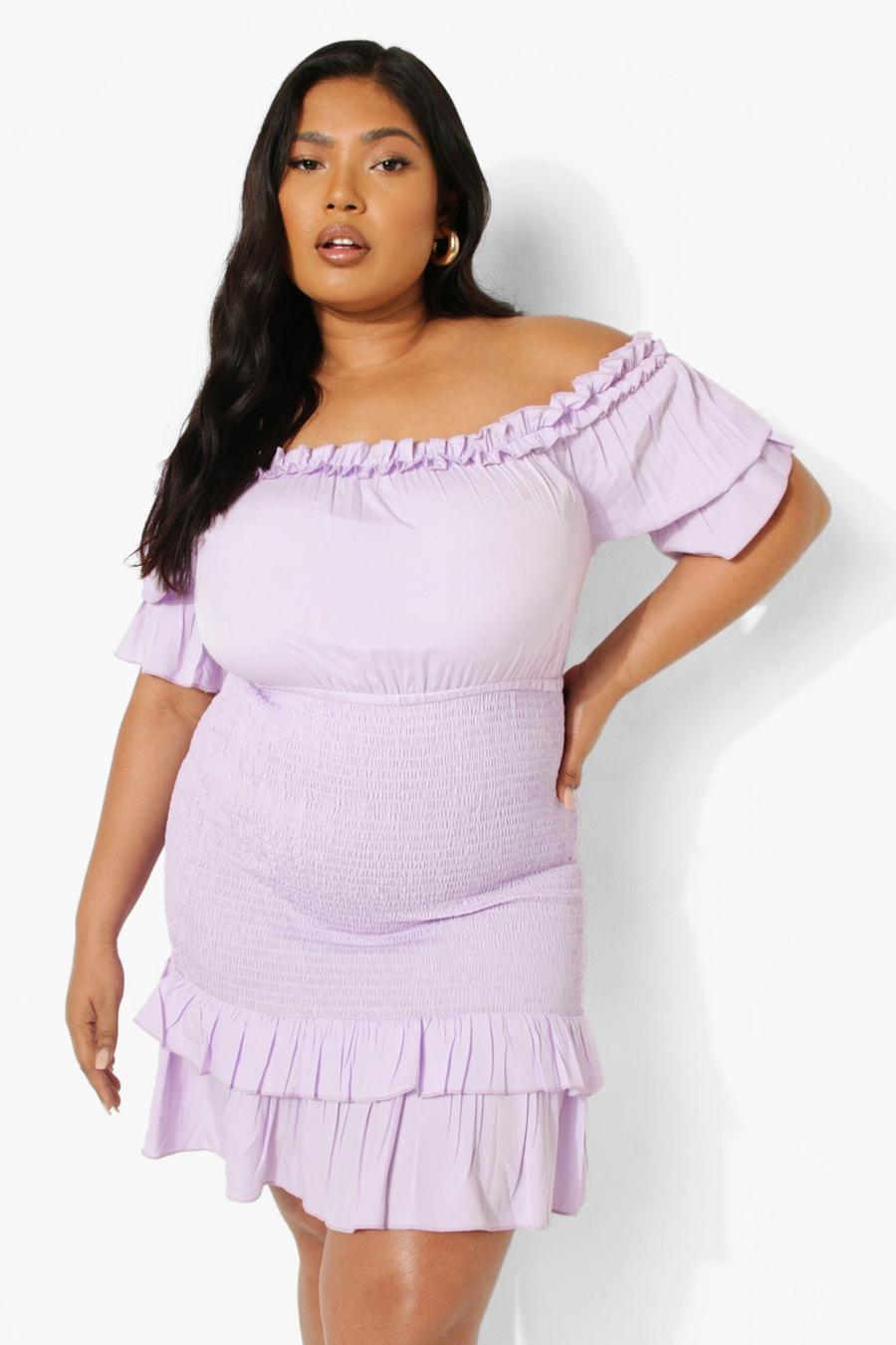 Lilac Plus Off Shoulder Shirred Bodycon Dress image number 1