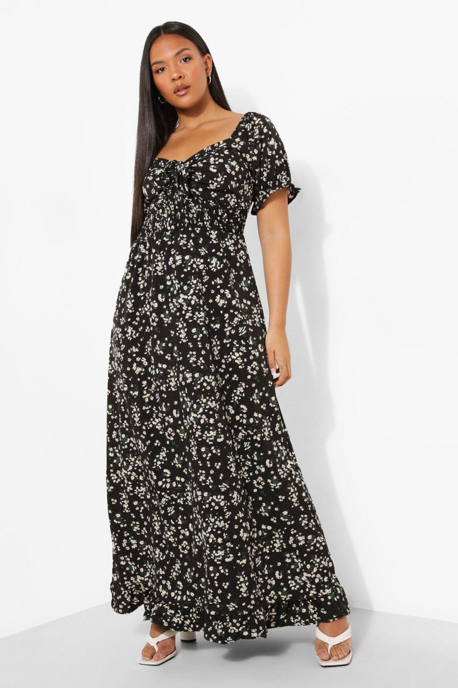 Black Plus Woven Ditsy Floral Shirred Maxi Dress image number 1