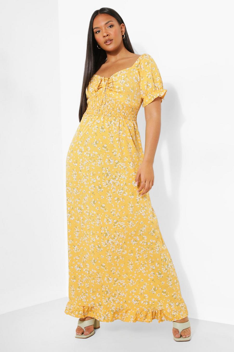 Grande taille - Robe longue froncée à imprimé fleuri, Citron yellow
