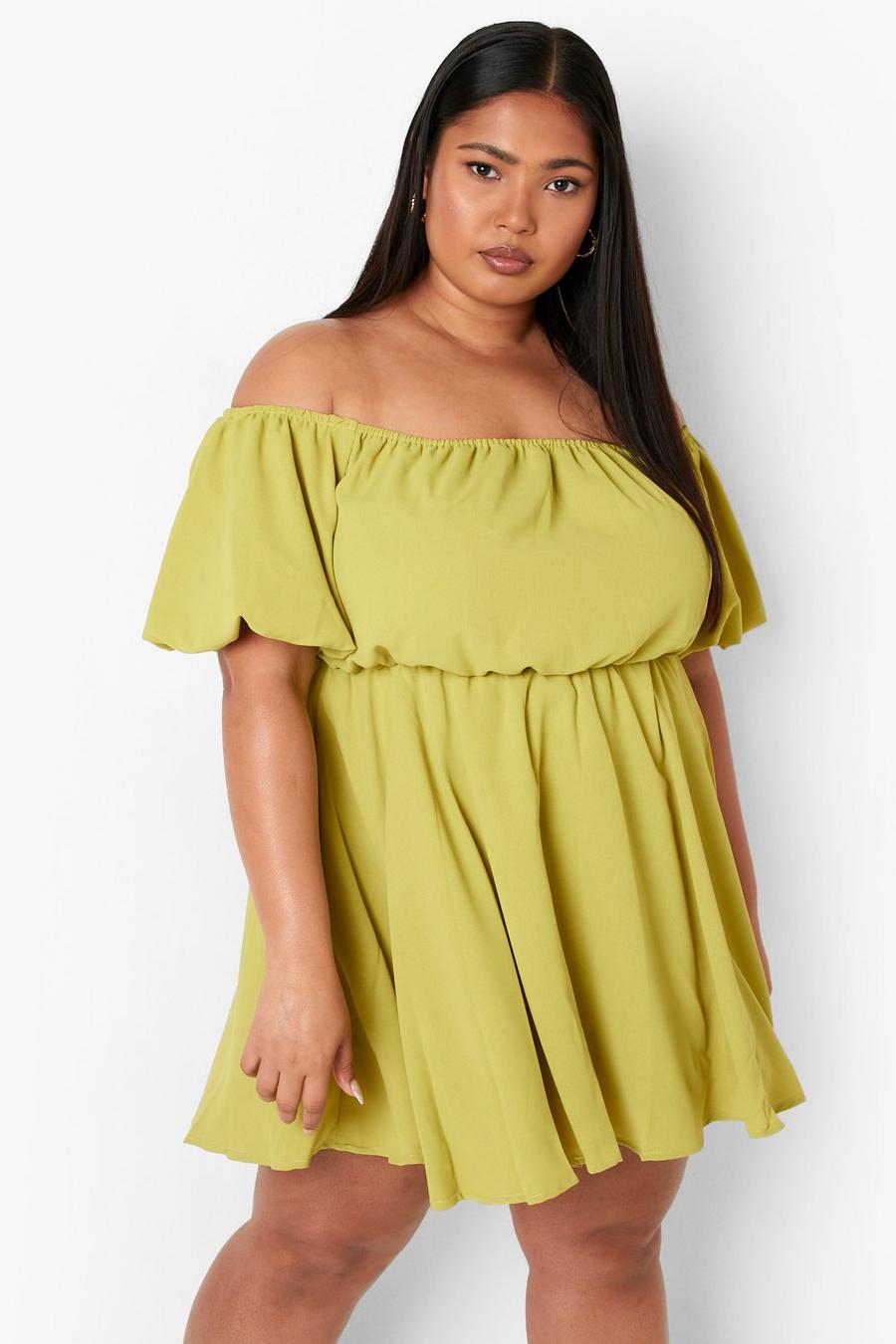 Lime Plus Off The Shoulder Balloon Sleeve Swing Dress image number 1