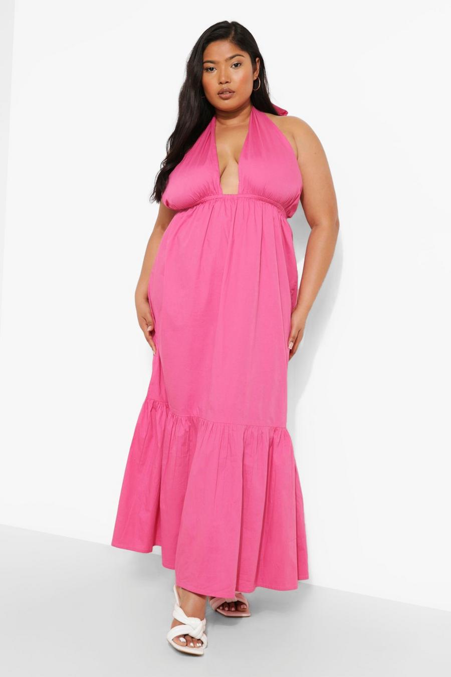 Pink Plus Cotton Halterneck Drop Hem Maxi Dress image number 1