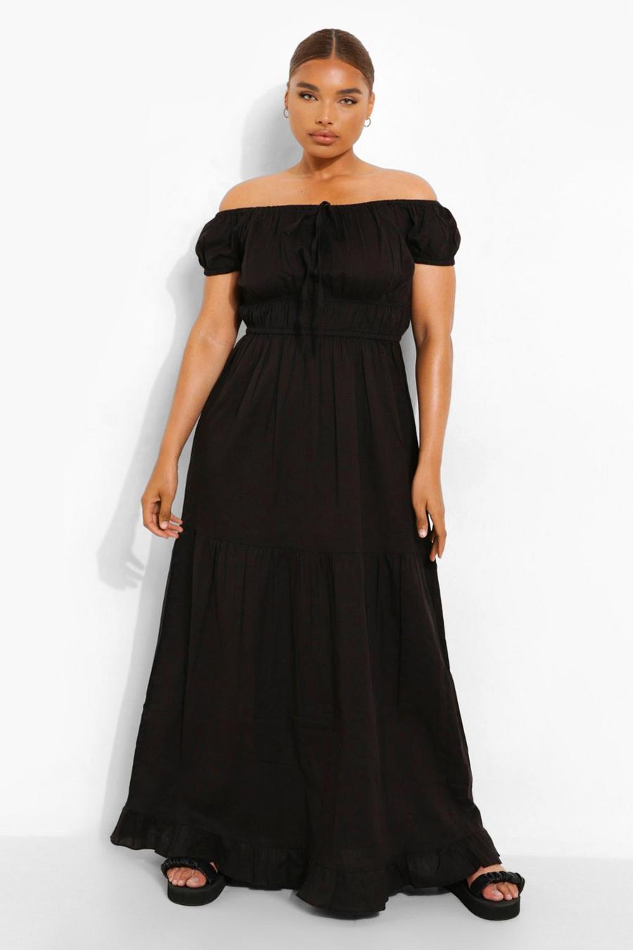 Black Plus Woven Off Shoulder Tiered Maxi Dress image number 1
