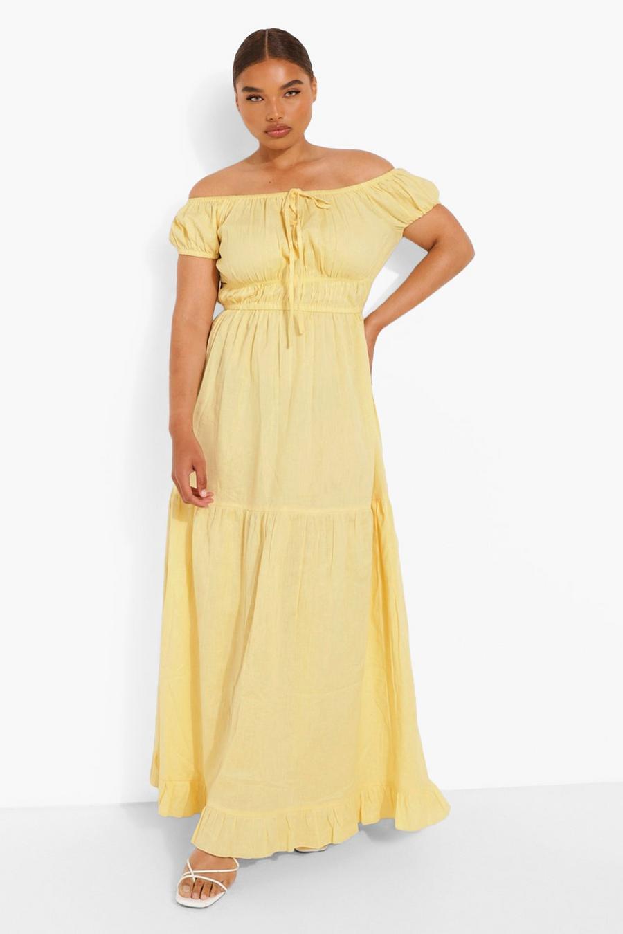 Lemon yellow Plus Woven Off Shoulder Tiered Maxi Dress