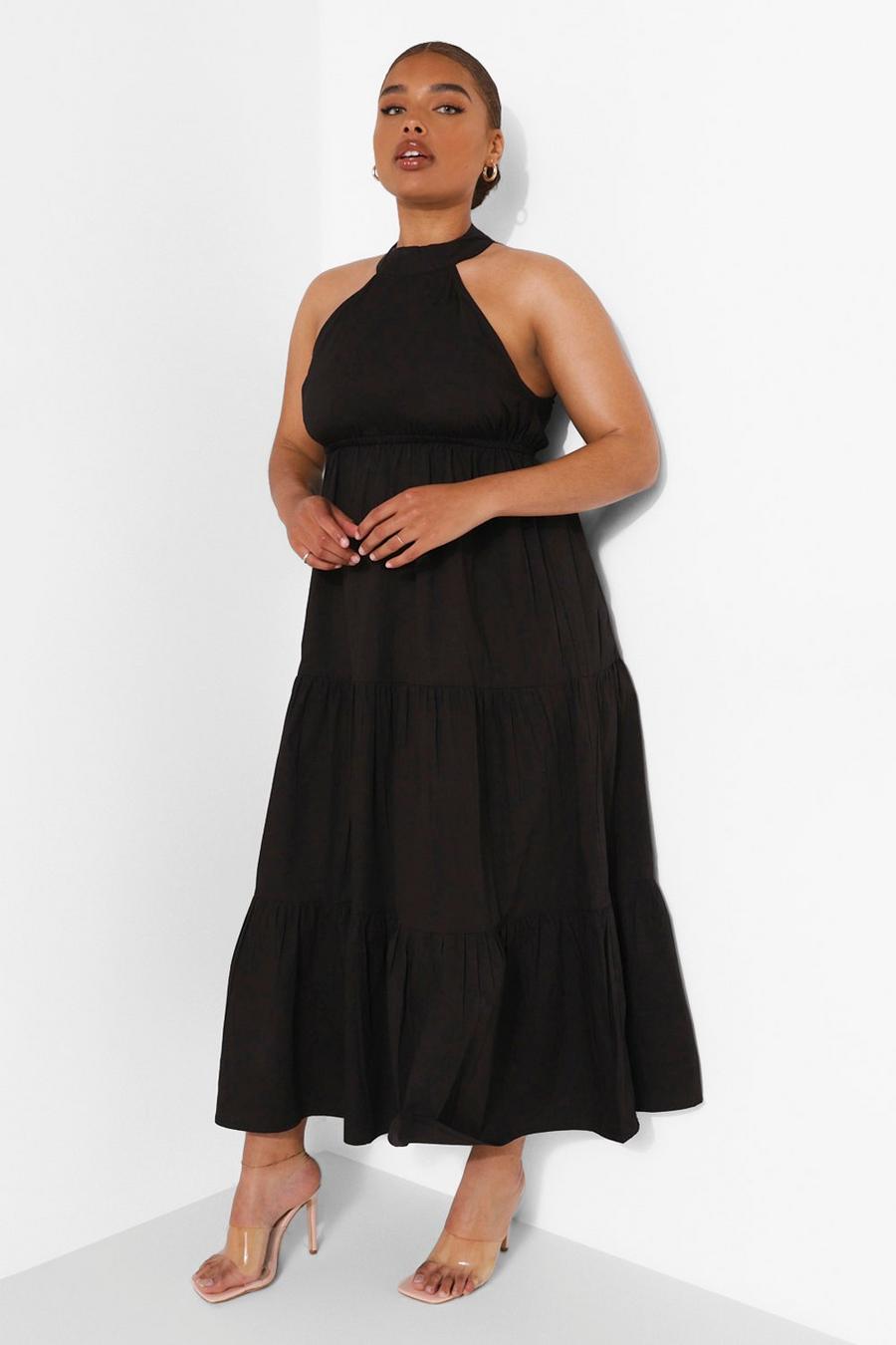Black Plus Woven Tie Back Tiered Midaxi Dress image number 1