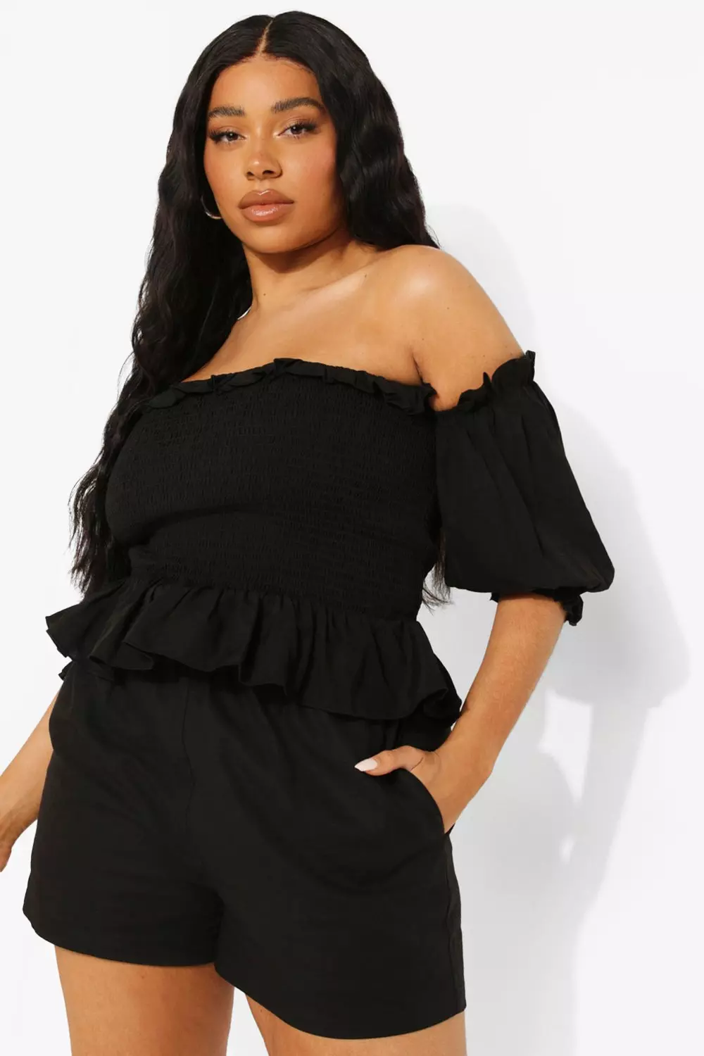 Black shirred bardot store top