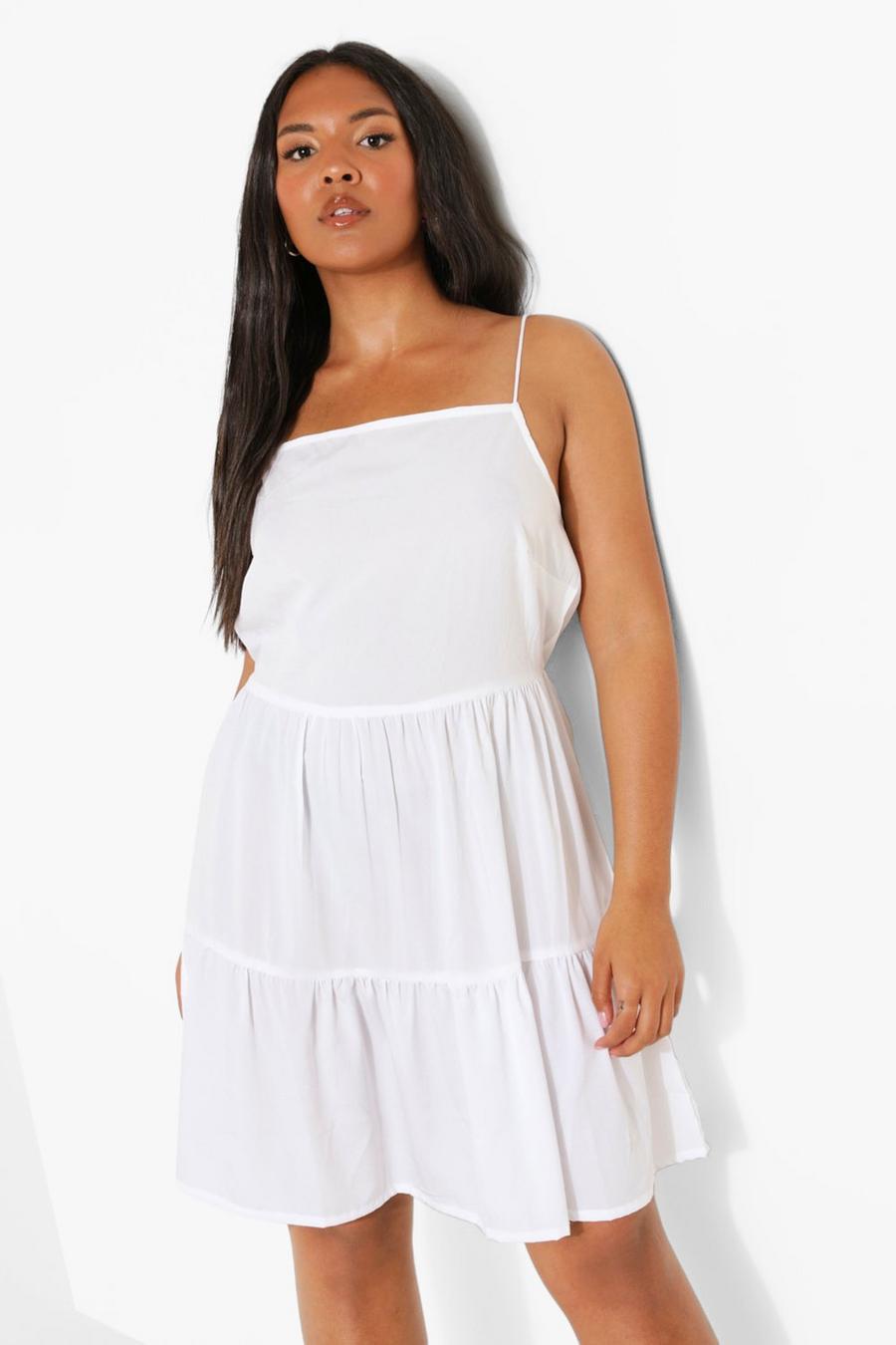 לבן blanco שמלת סמוק מדורגת עם כתפיות דקות, מידות גדולות
