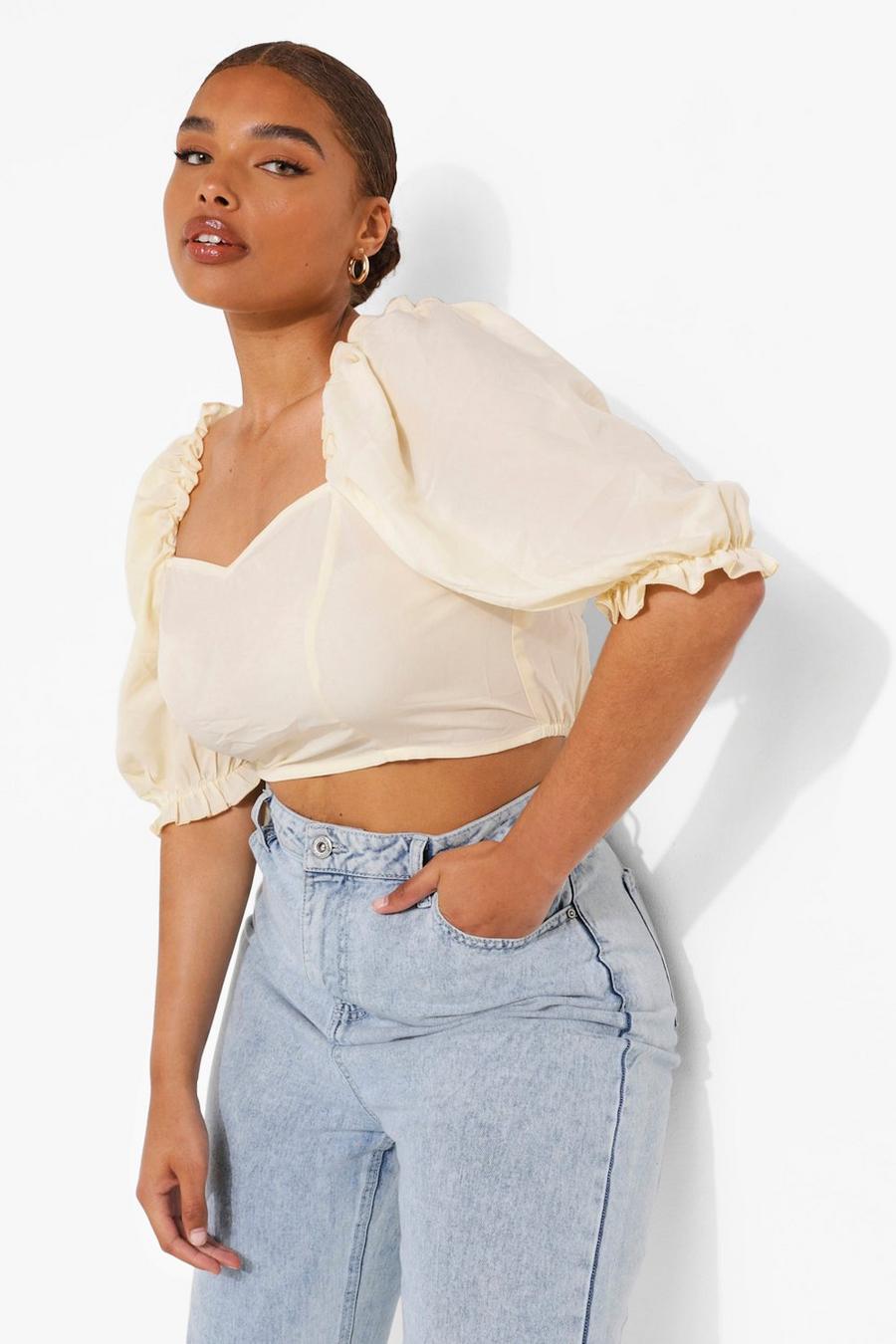 Stone Plus Woven Puff Sleeve Crop Top image number 1