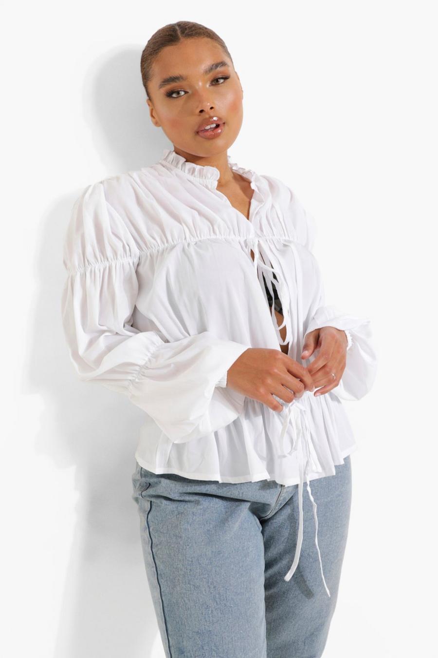 White Plus Gathered Tie Front Blouse image number 1
