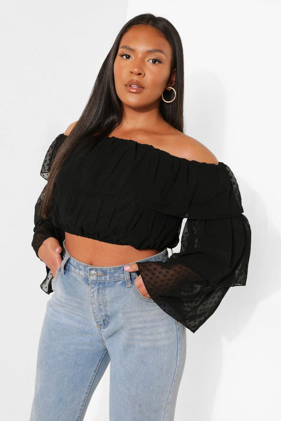 Black Plus Dobby Ruffled Off The Shoulder Top image number 1