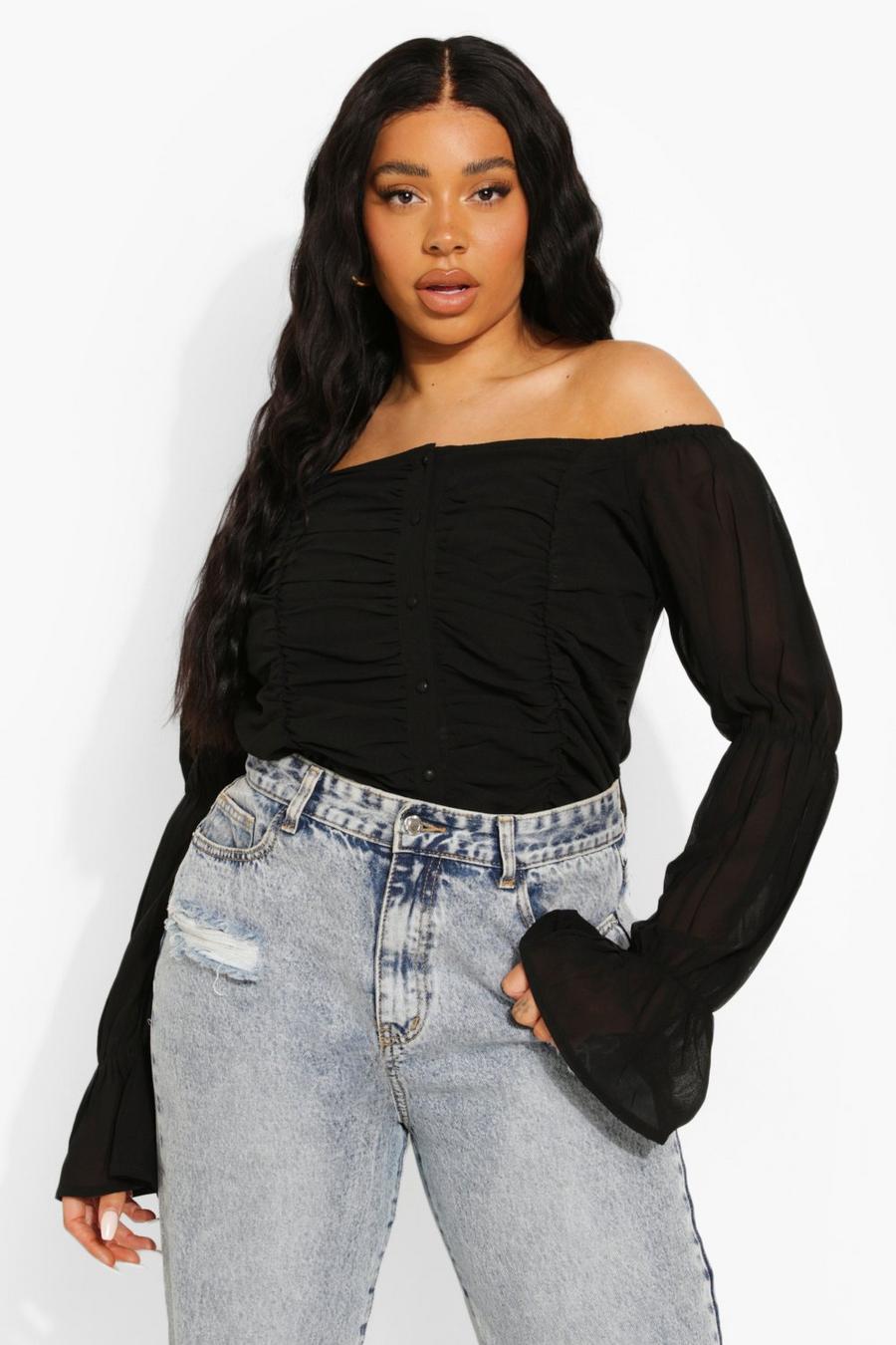 Black Plus Ruched Bardot Puff Sleeve Top image number 1