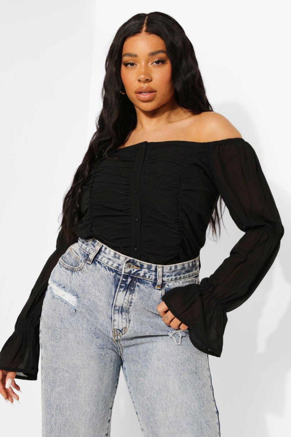 Black bardot puff sleeve hot sale top