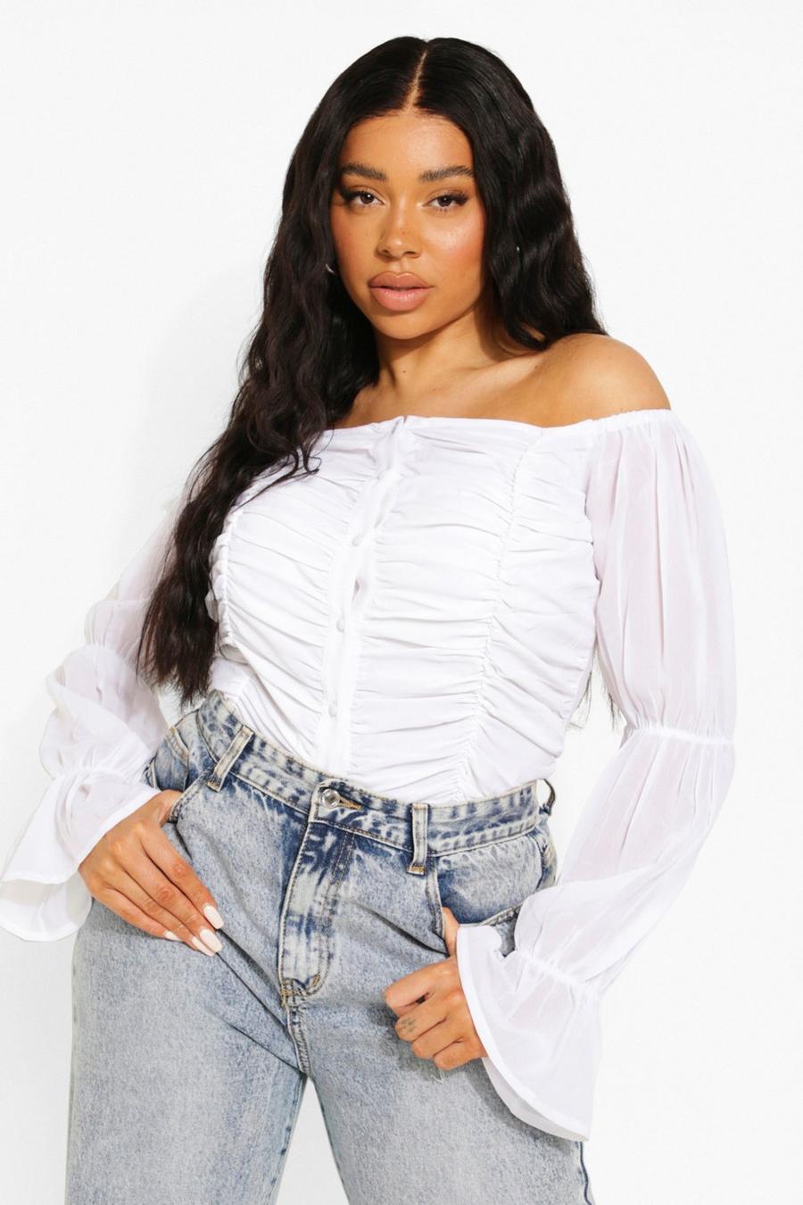 White Plus Ruched Off The Shoulder Puff Sleeve Top image number 1