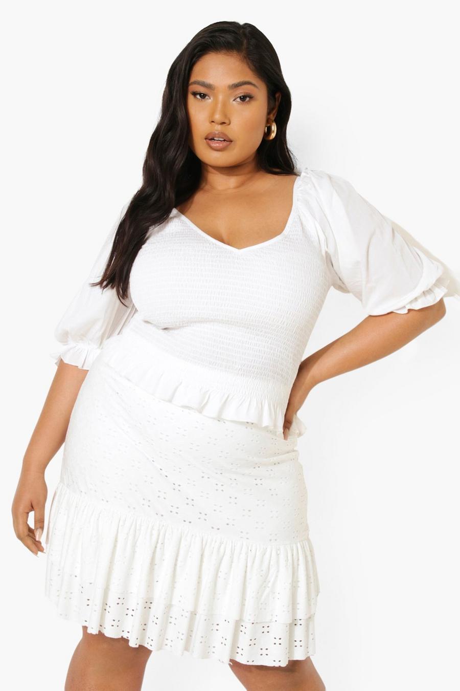 White Plus Shirred Puff Sleeve Top image number 1